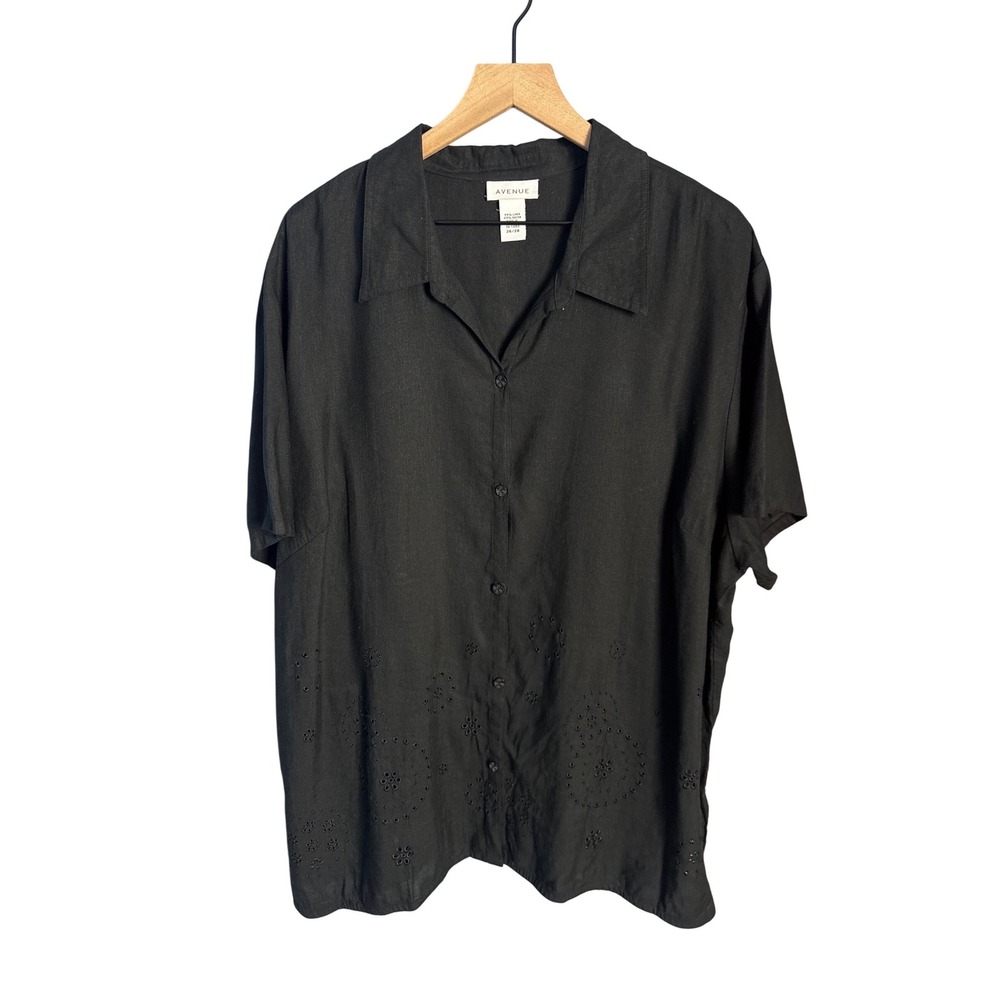 Avenue Black Linen Minimalist Eyelet Boho Causal Button Down Shirt Size 26/28 - Picture 2 of 7